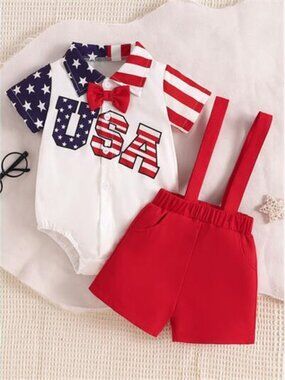 Children's Patriotic USA Print Bodysuit and Overalls Outfit Set